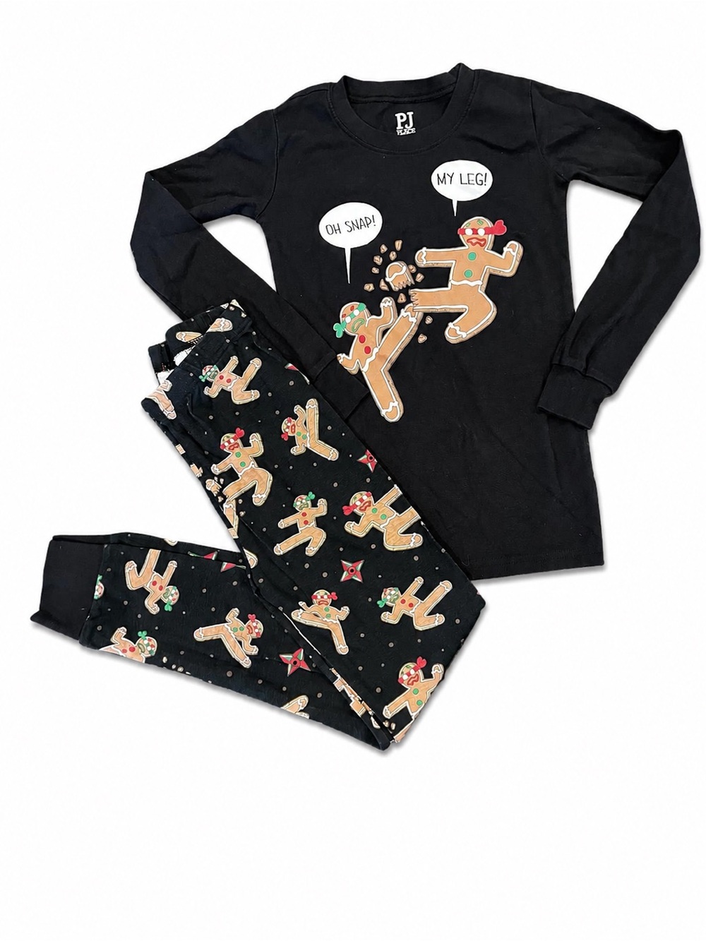 PJ Place Kids Size 10 Gingerbread Christmas Pajama Set Black Holiday PJs